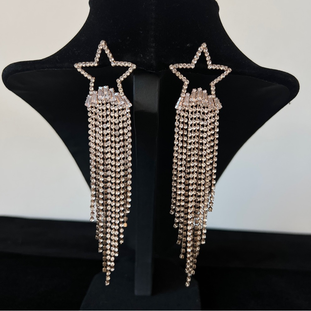 Rhinestone Crystal Drop Down Star Statement Earri… - image 1